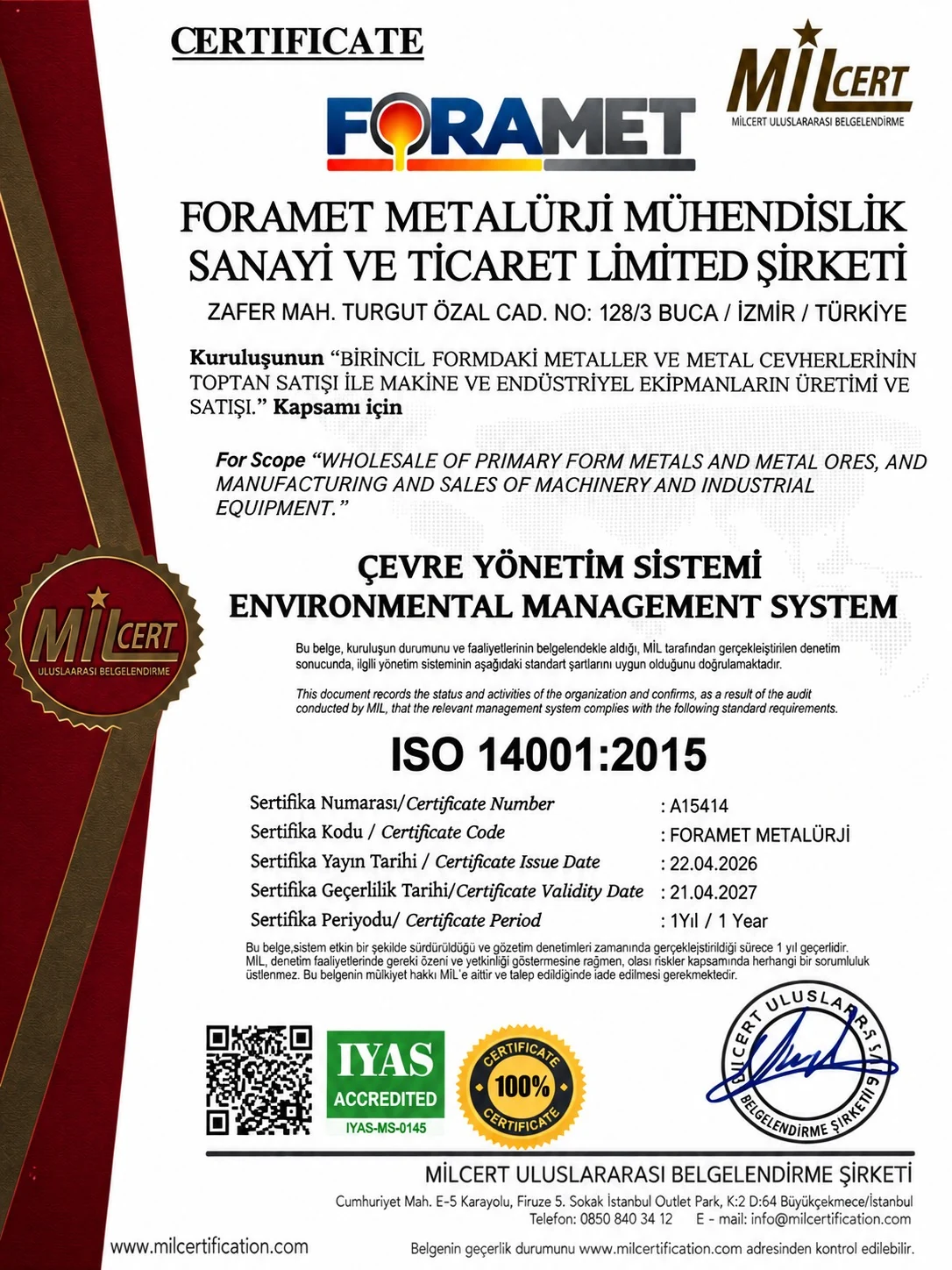ISO 14001:2015 Çevre Yönetim Sistemi belgesi