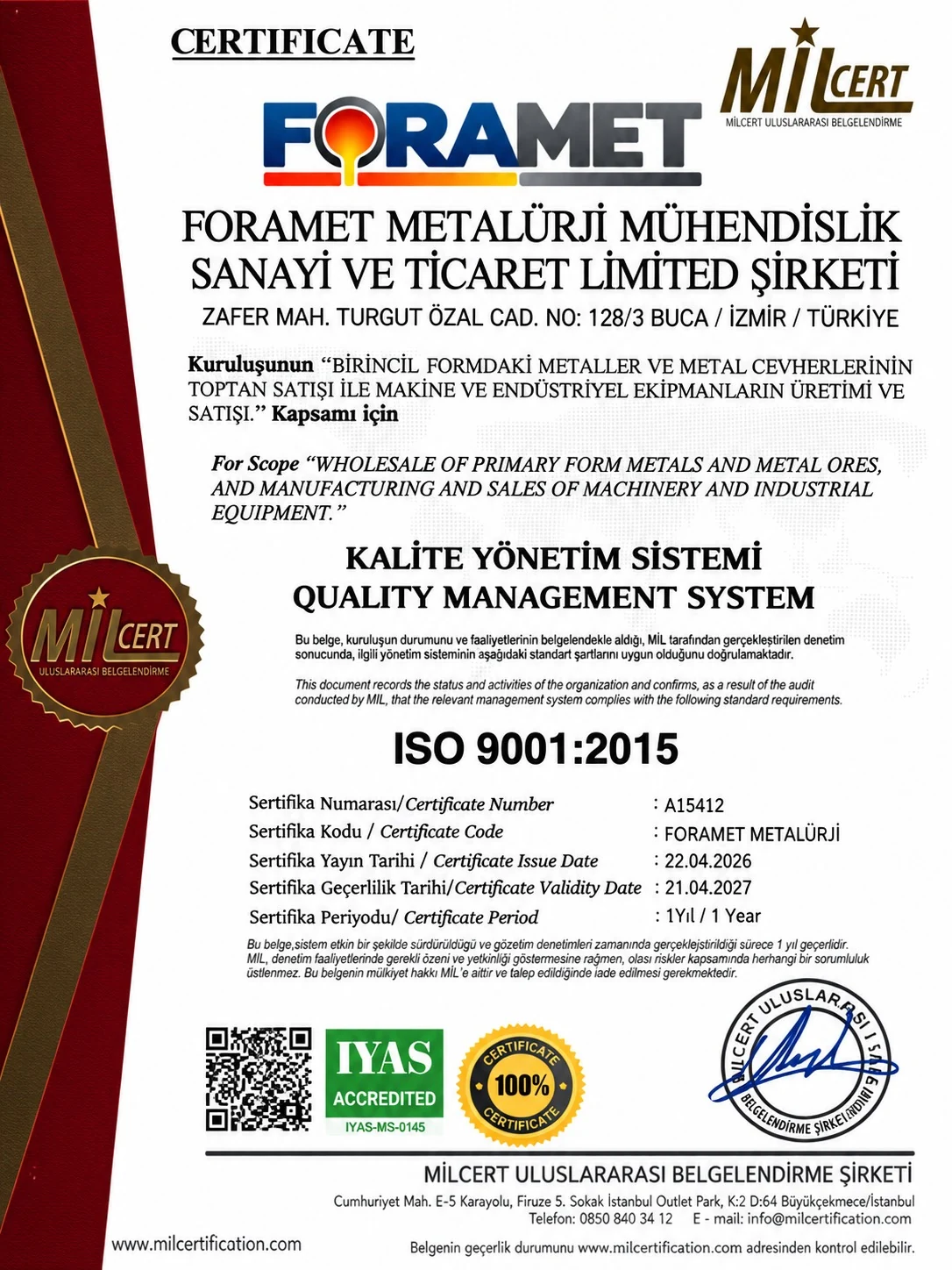 ISO 9001:2015 Kalite Yönetim Sistemi belgesi